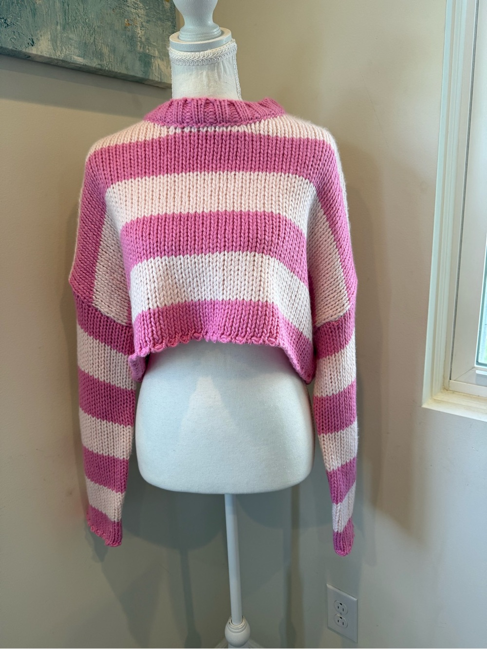 Edikted Pink and Cream Striped Cropped Crew Sweater